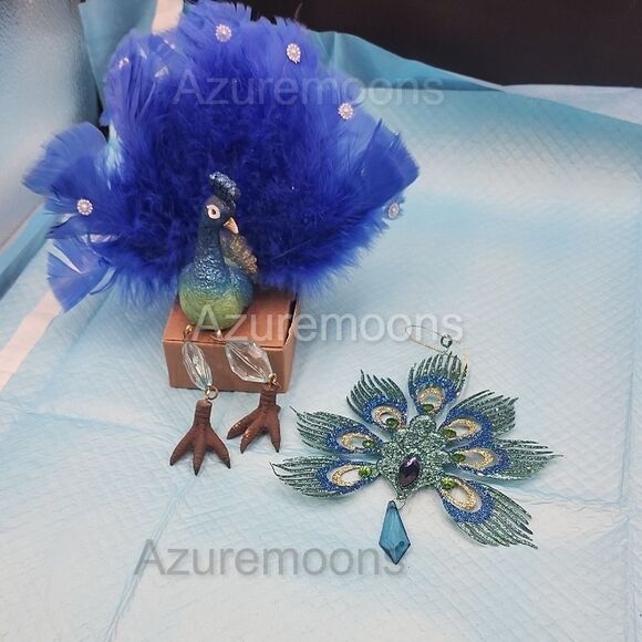 Blue and Green Peacock  shelf sitter and ornament Decor Set - Picture 1 of 6